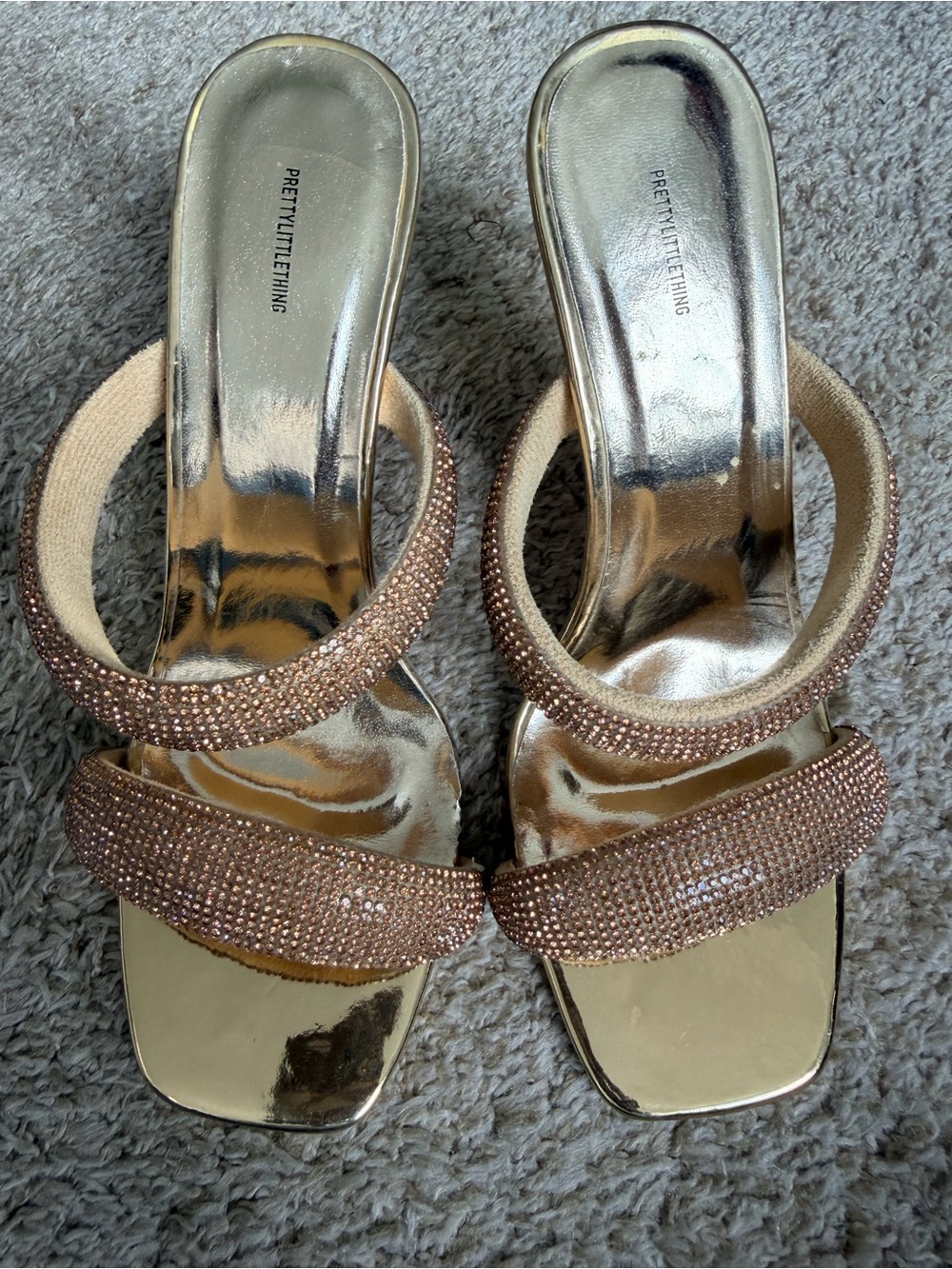 PrettyLittleThing Rose Gold Crystal Double Strap Slide Heels
